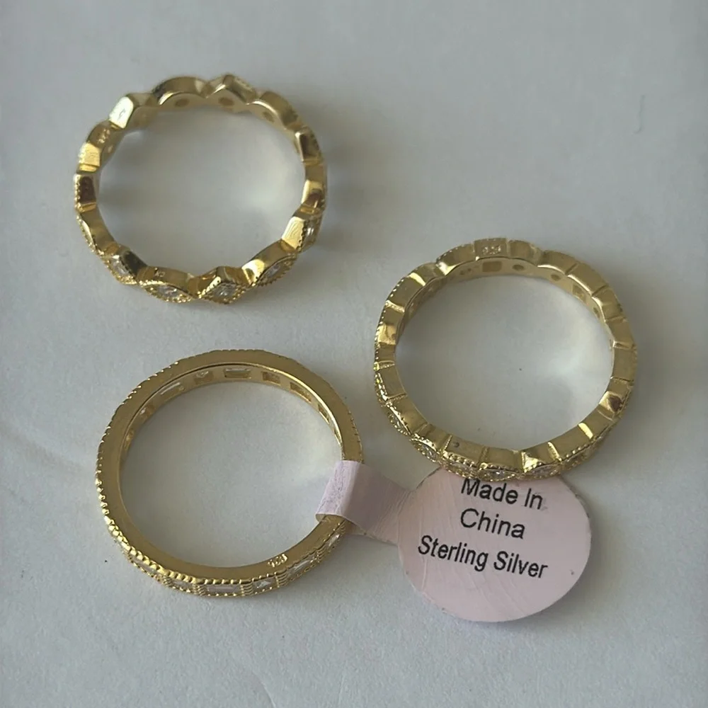 Set of 3 Stacking Rings Gold Plated 925 Sterling Silver Rings CZ Sones Sz. 8